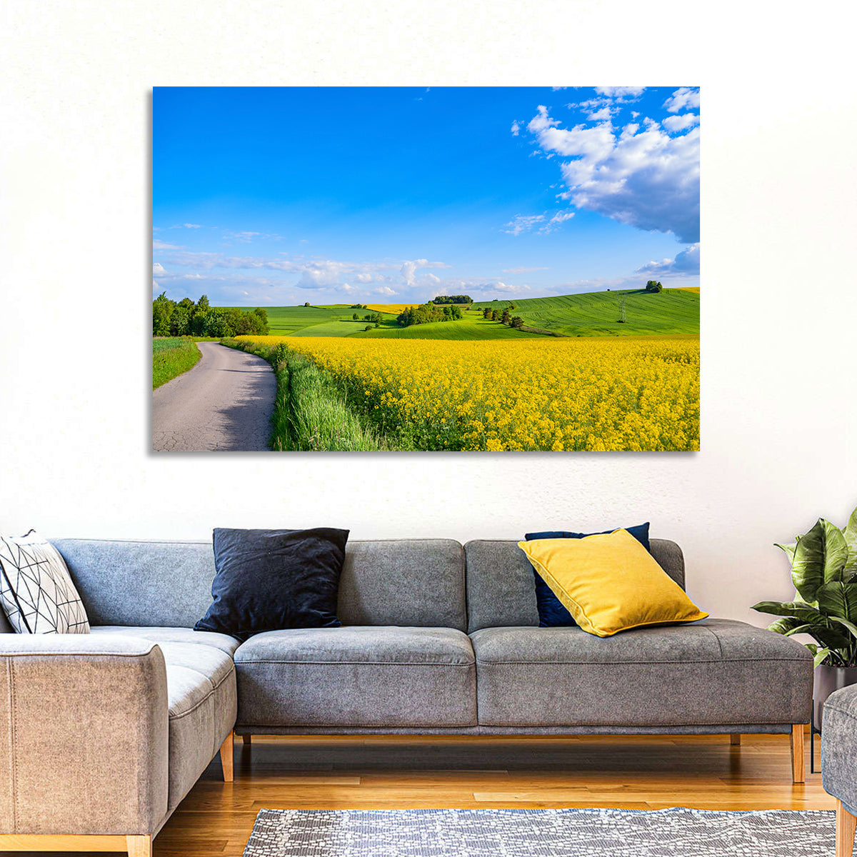 Rapeseed Field Road Under Blue Sky Wall Art in a room, landscape