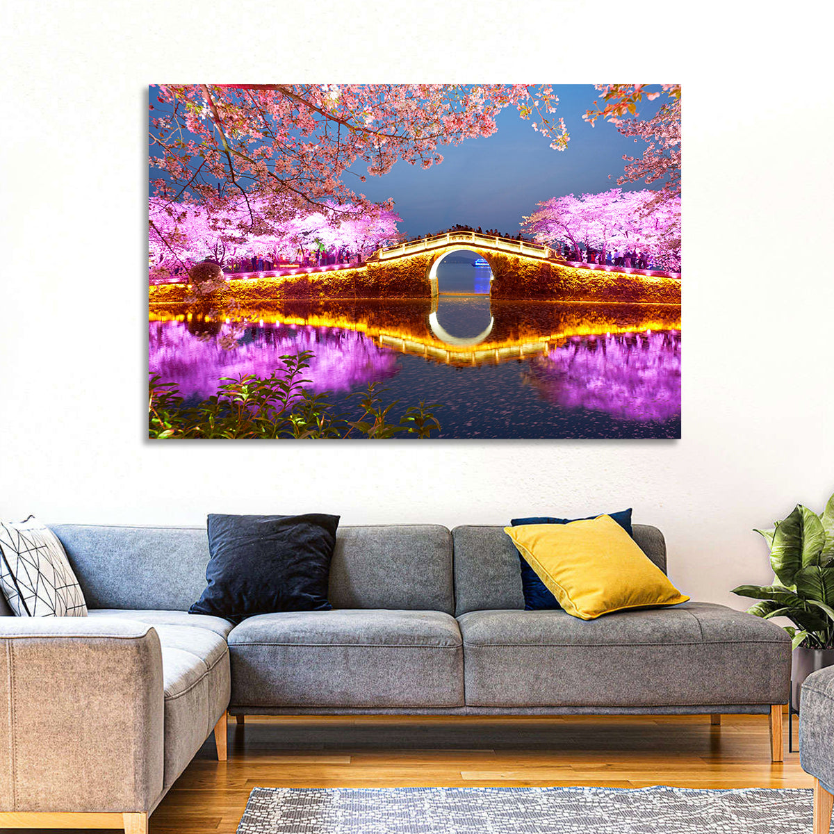 Illuminated Cherry Blossom Bridge Wall Art in a room, landscape
