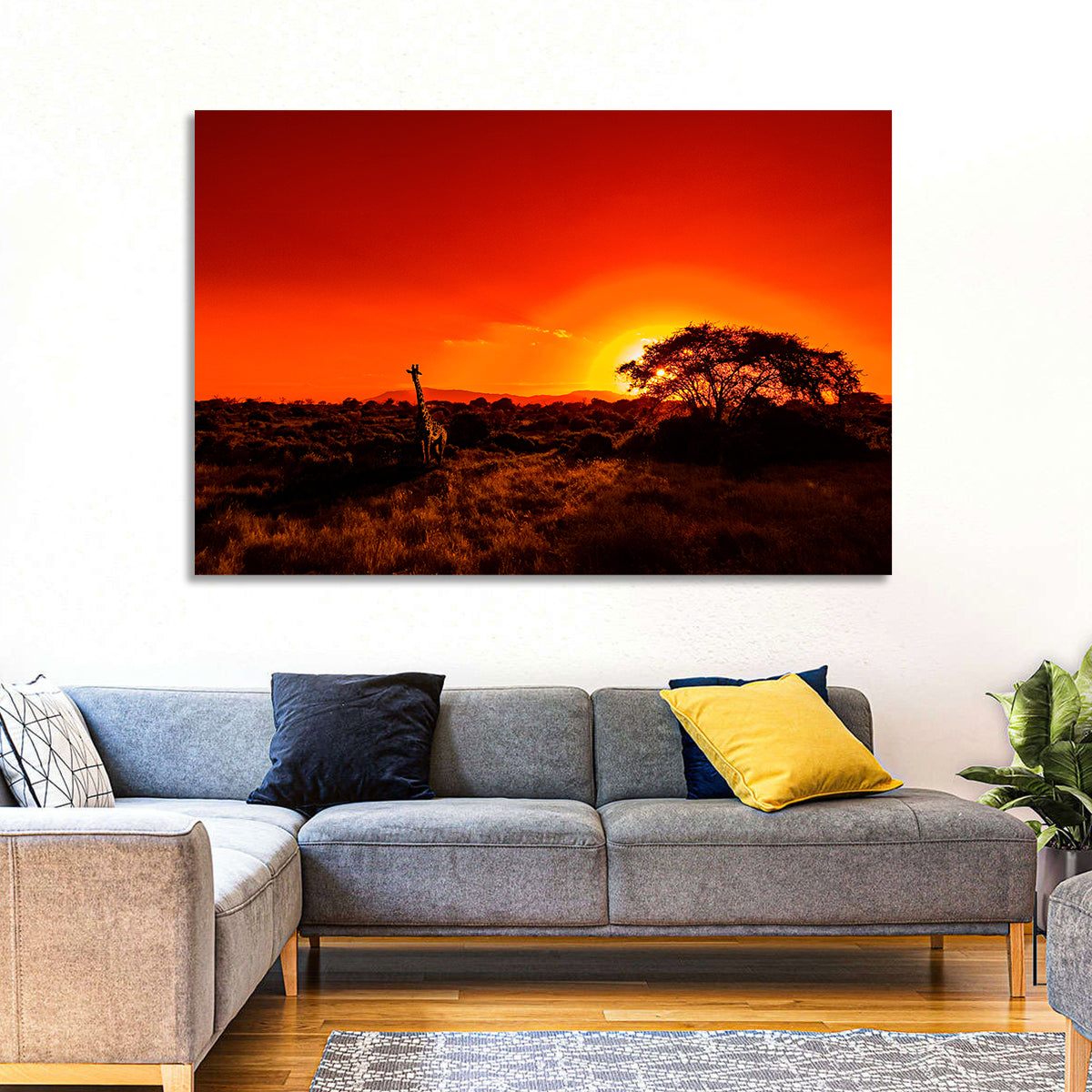 Savanna Sunset with Giraffe Wall Art in a room, landscape