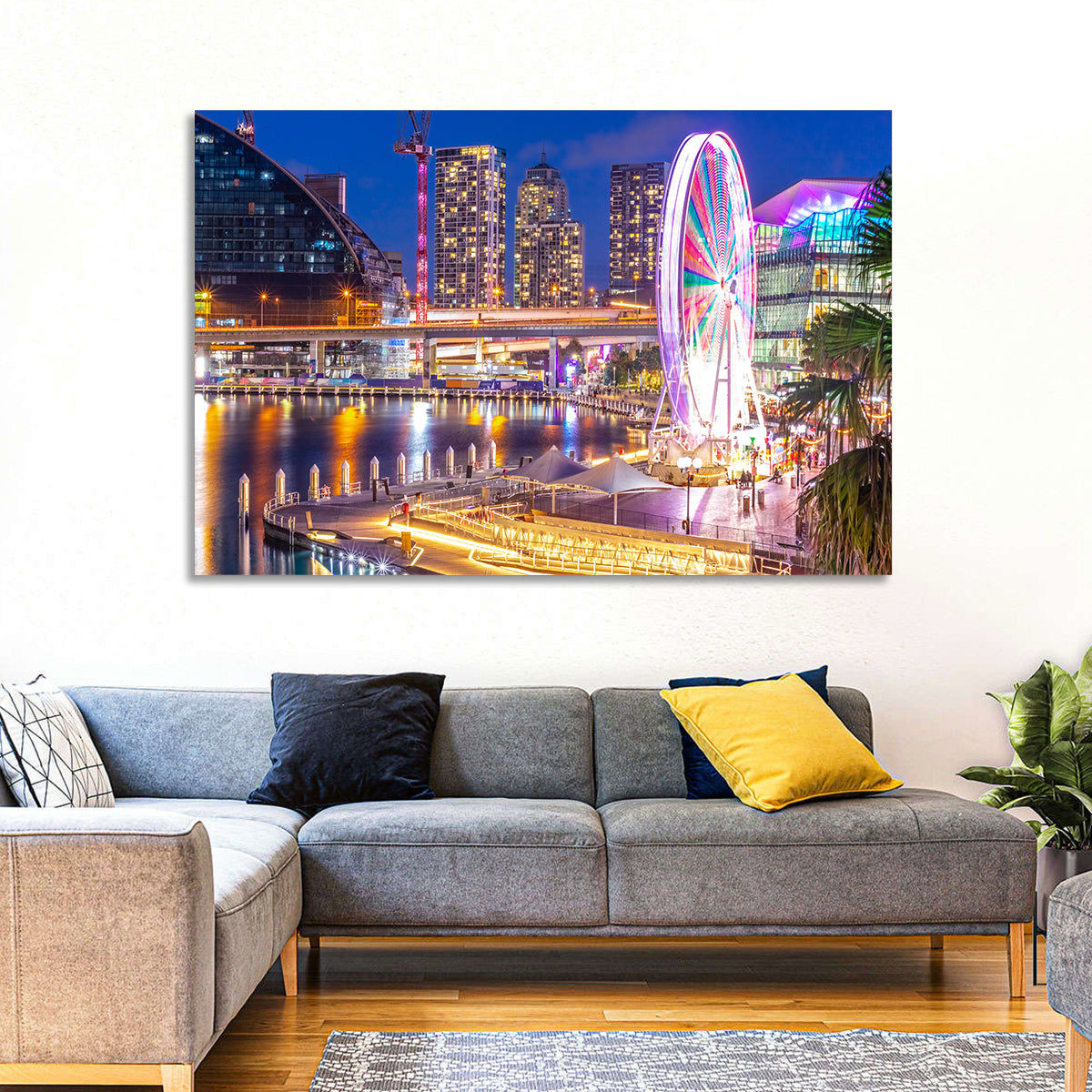Darling Harbour Nightscape Wall Art in a room, landscape
