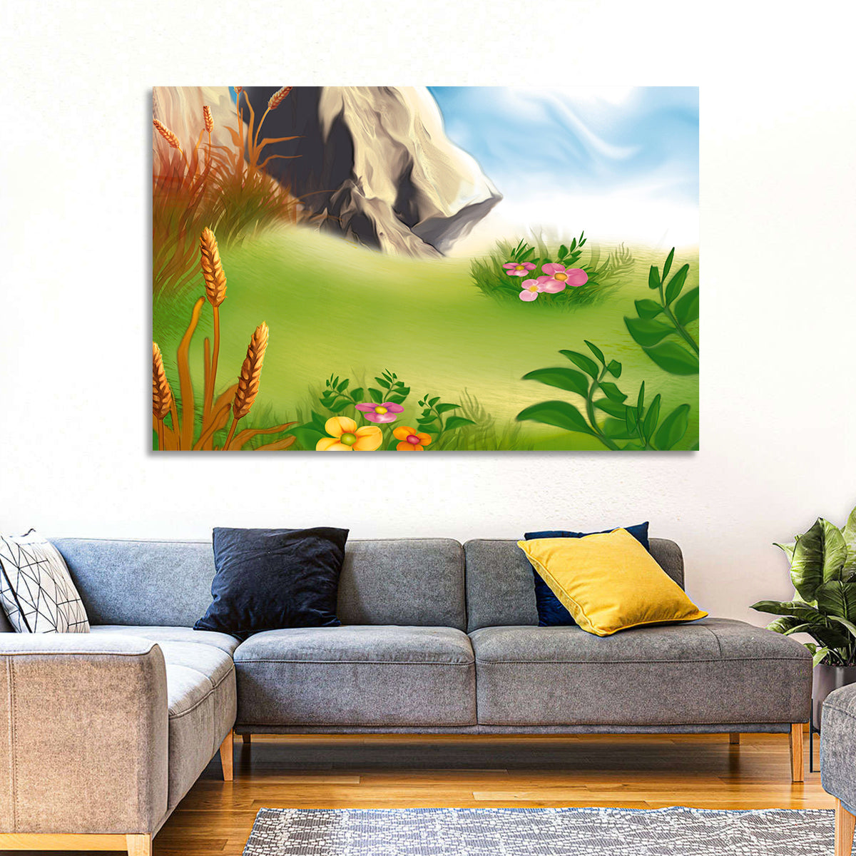 Sunny Mountain Meadow Illustration Wall Art