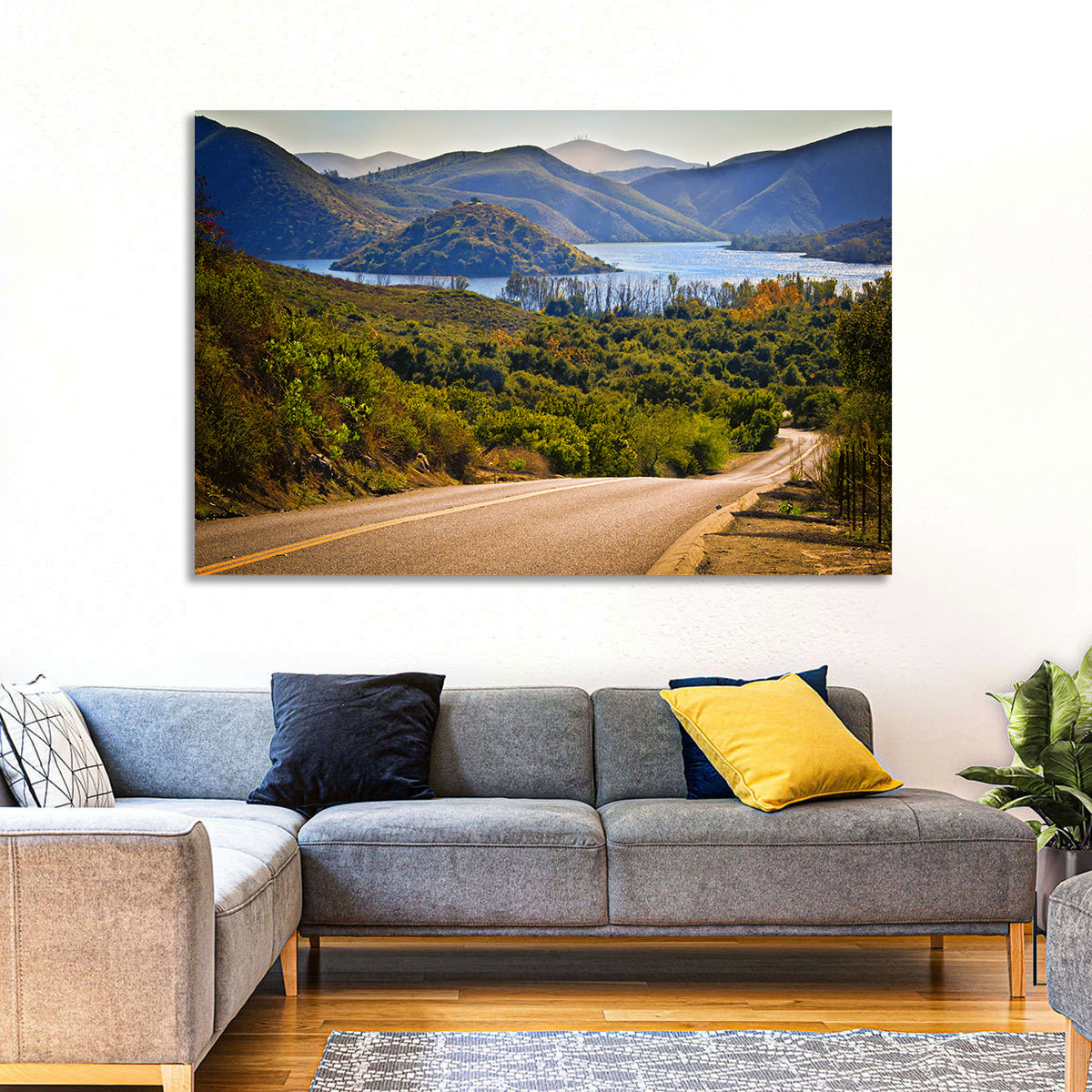 Lake Hodges Roadside Vista Wall Art in a room, landscape