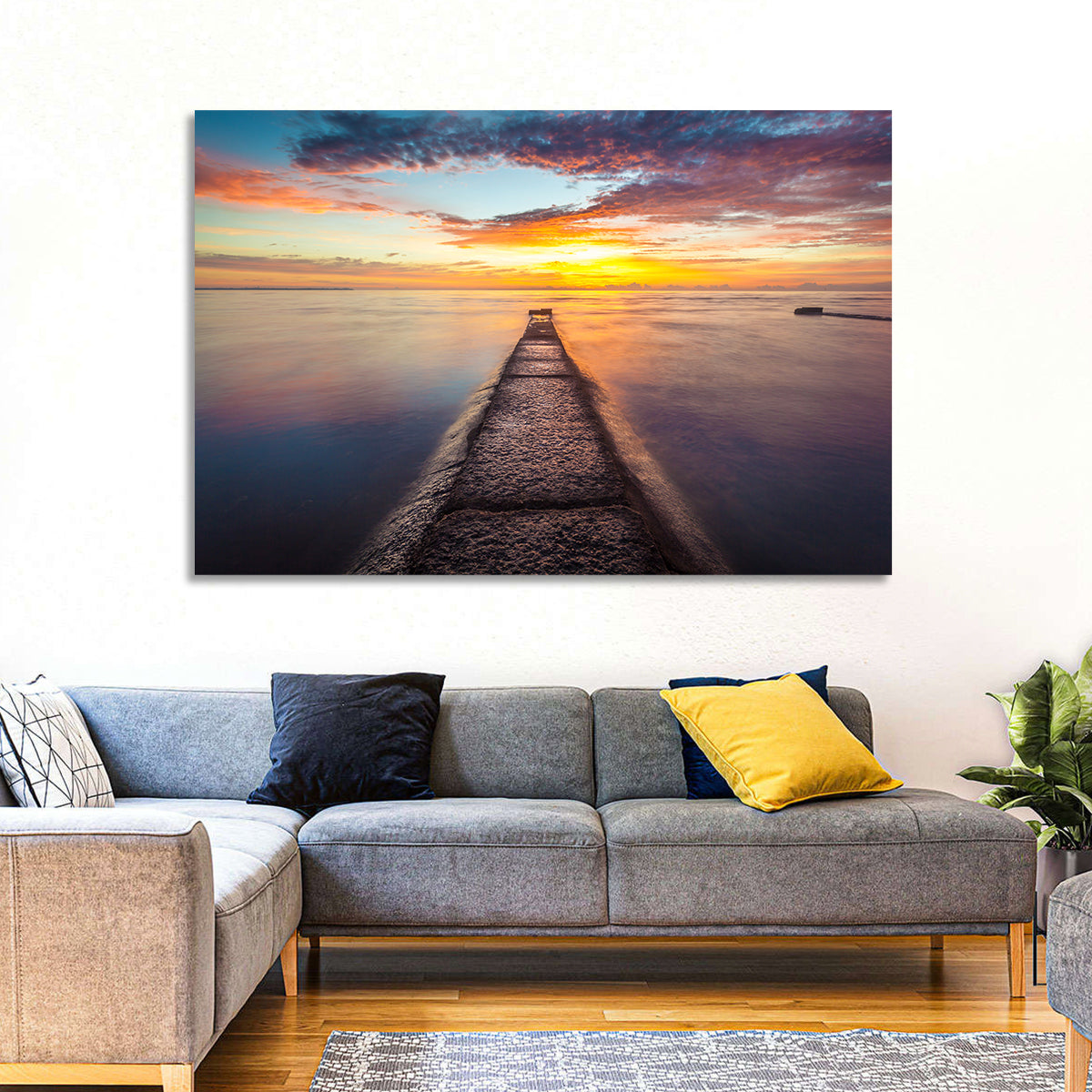 Stone Pier to Glowing Horizon Wall Art in a room, landscape