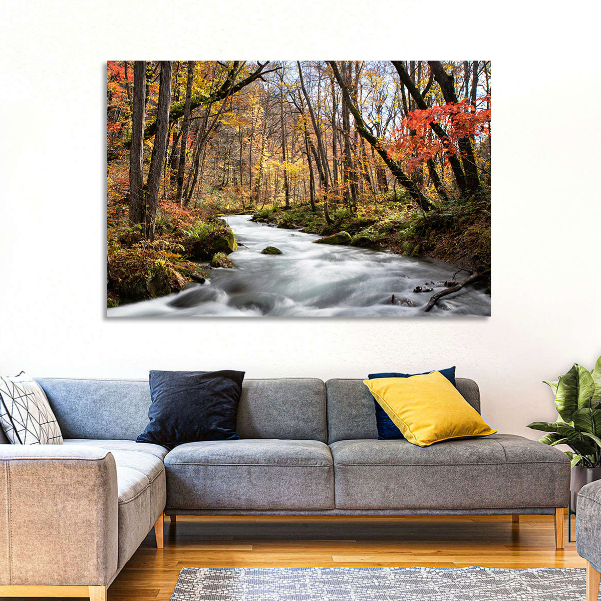 Sunlit Forest Stream Wall Art in a room, landscape