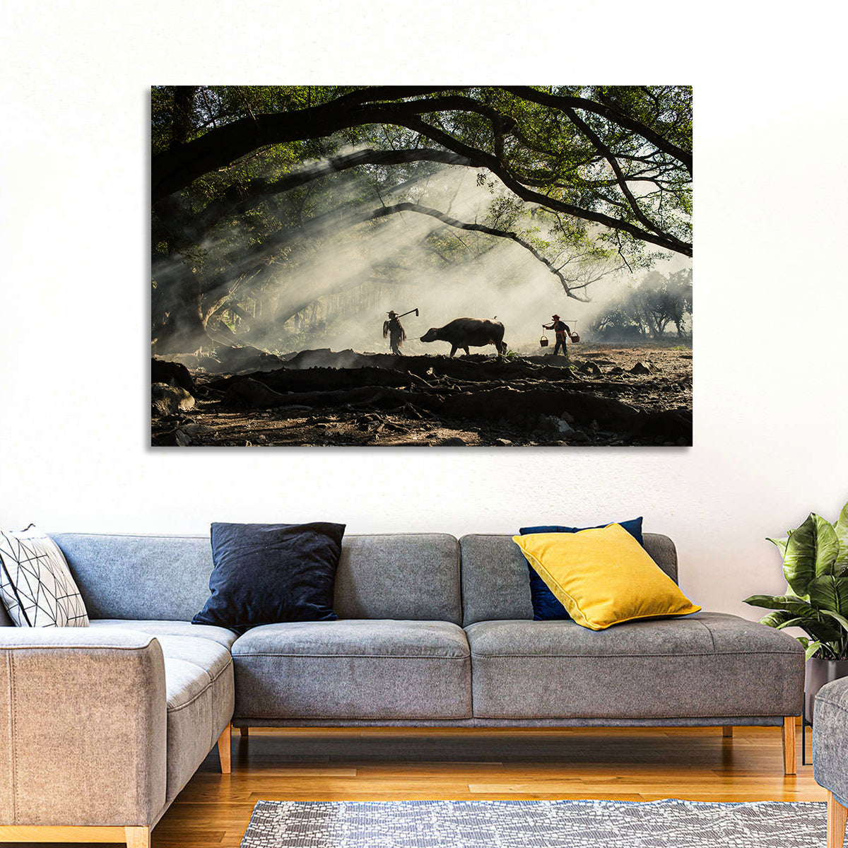 Village Morning with Buffalo Wall Art in a room, landscape