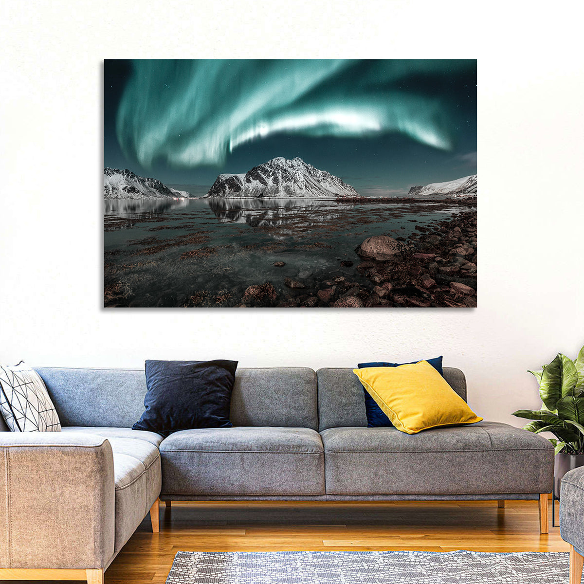 Lofoten Aurora Reflection Wall Art in a room, landscape