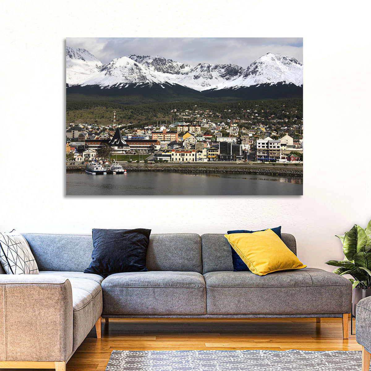 Ushuaia Harbor and Snowcapped Mountains Wall Art in a room, landscape