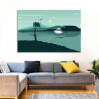 Teal Lake Boat with Palm Tree Wall Art