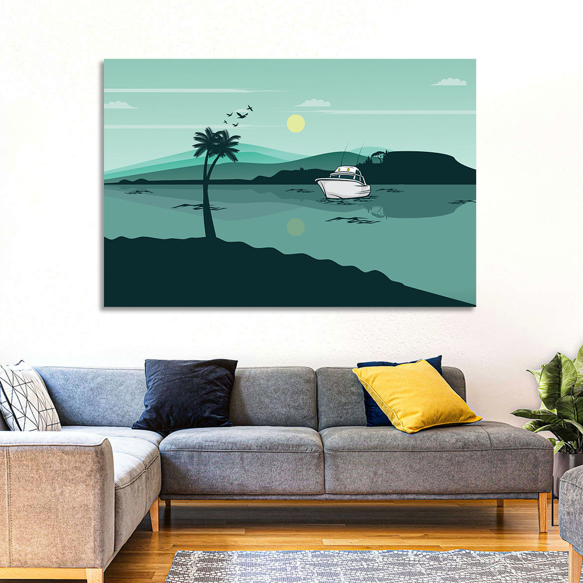 Teal Lake Boat with Palm Tree Wall Art