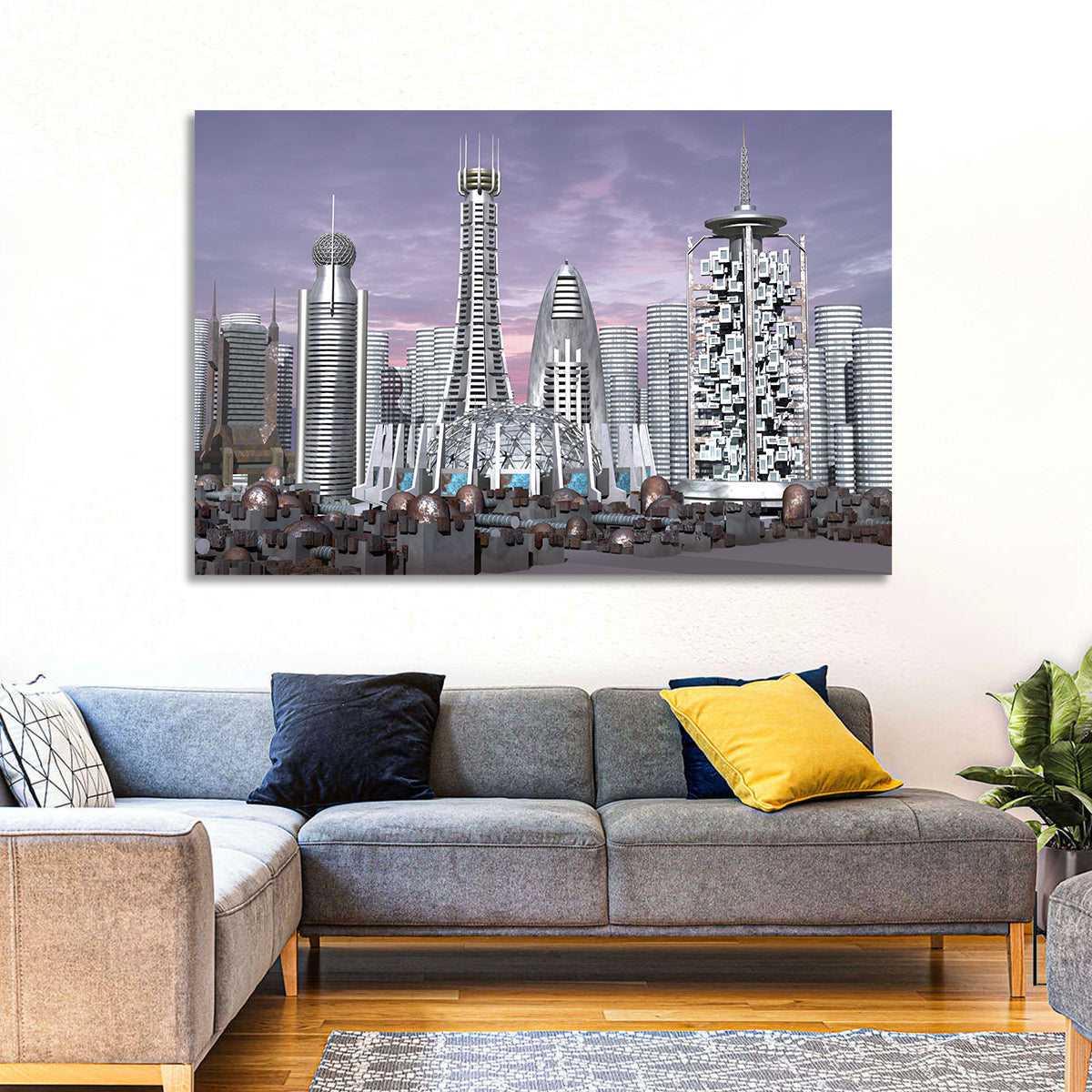 Purple Dusk Futuristic Cityscape Wall Art in a room, landscape