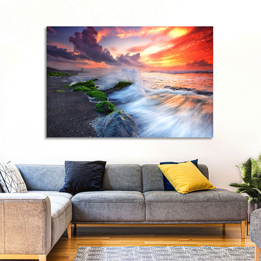 Ocean Waves Under Burning Sky Wall Art