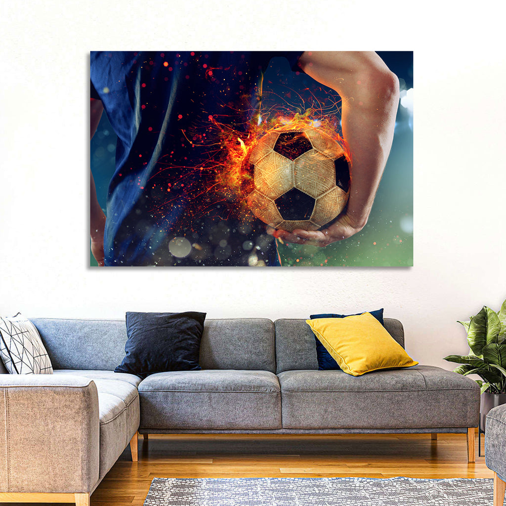 Fiery Soccer Ball and Blue Jersey Player Wall Art