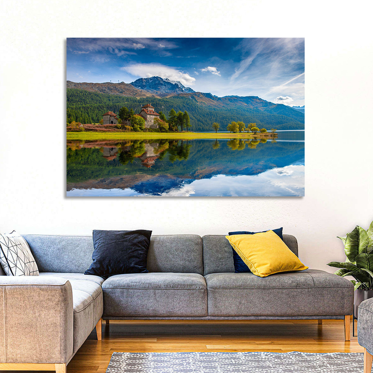Lake Silvaplana with Crap Da Sass Wall Art in a room, landscape