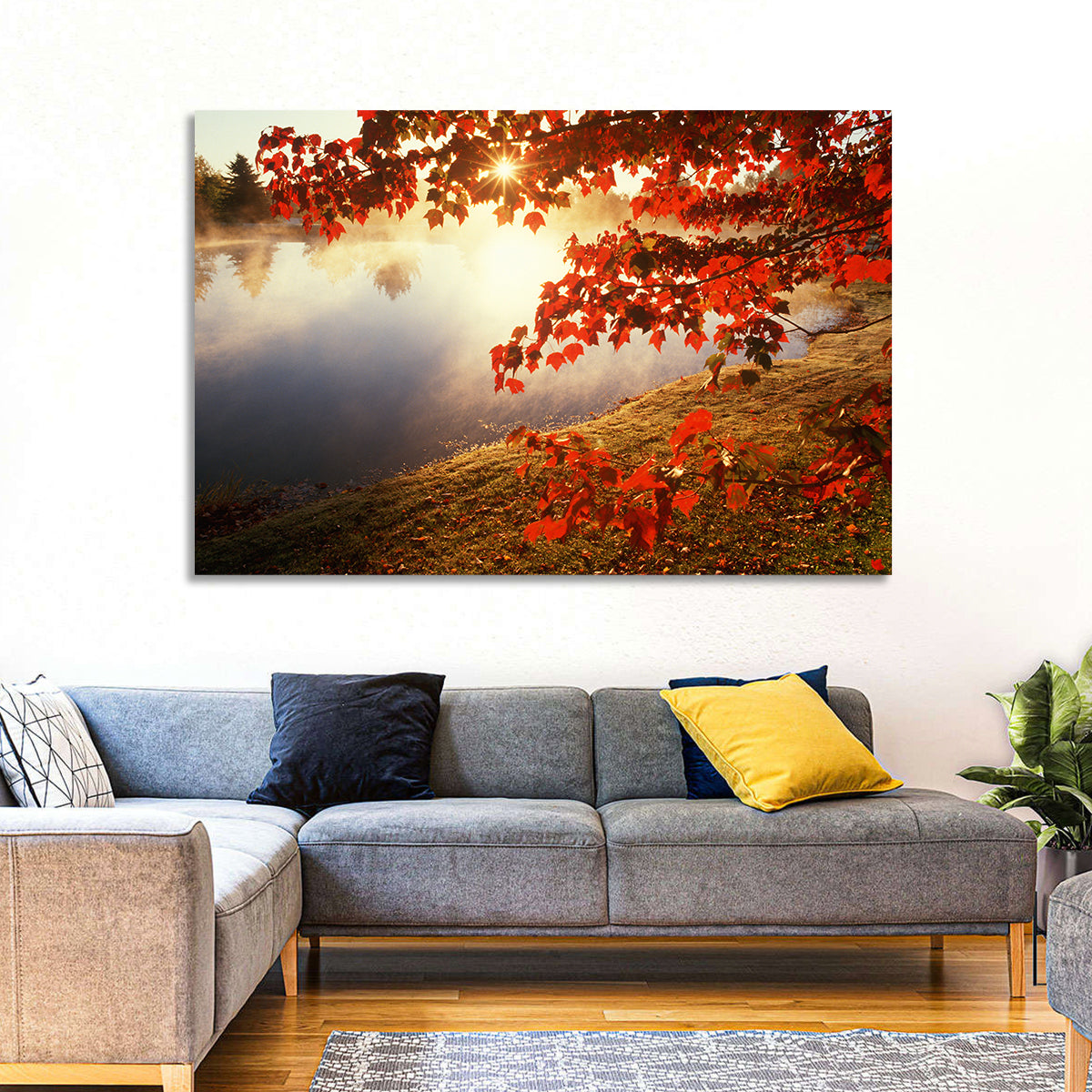 Autumn Pond Sunrise Connecticut Wall Art in a room, landscape