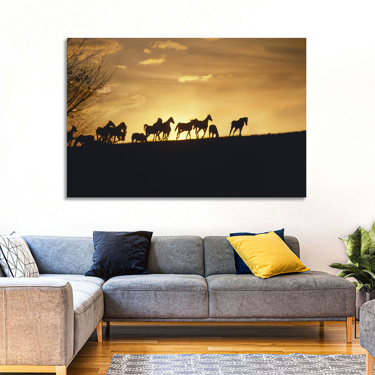 Mustang Silhouettes at Sunset Wall Art in a room, landscape