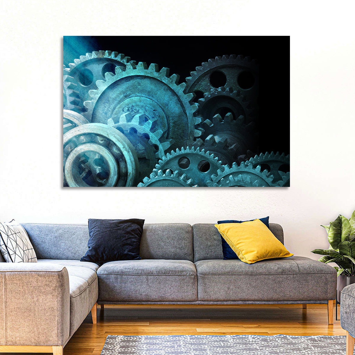 Teal and Steel Cogwheel Close-up Wall Art in a room, landscape