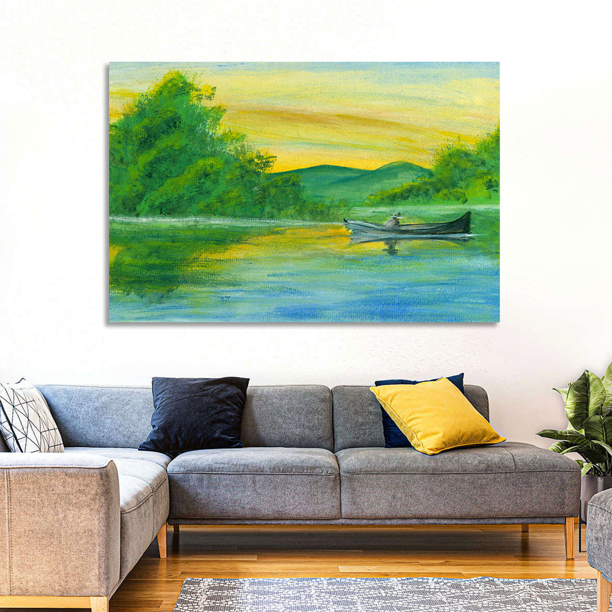 Rowboat on Serene Lake Watercolor Wall Art in a room, landscape