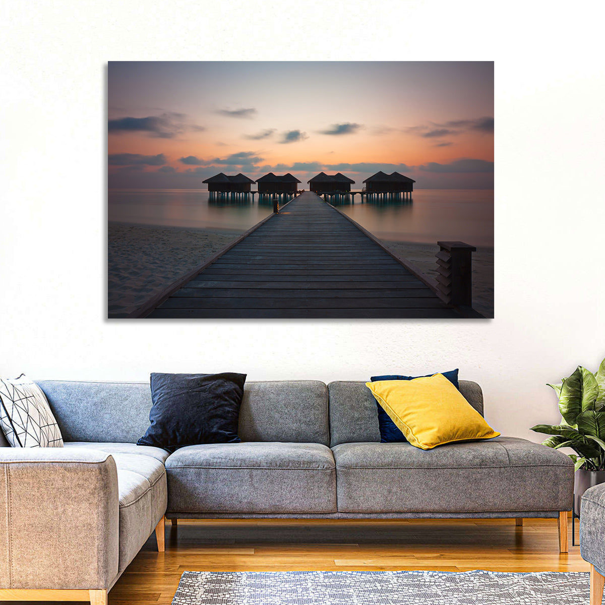 Overwater Bungalows at Sunset Wall Art in a room, landscape