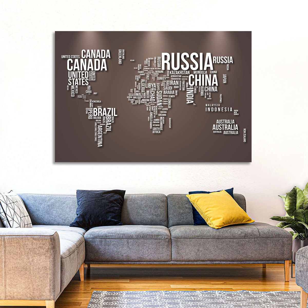 World Map Typography in Brown and White Wall Art