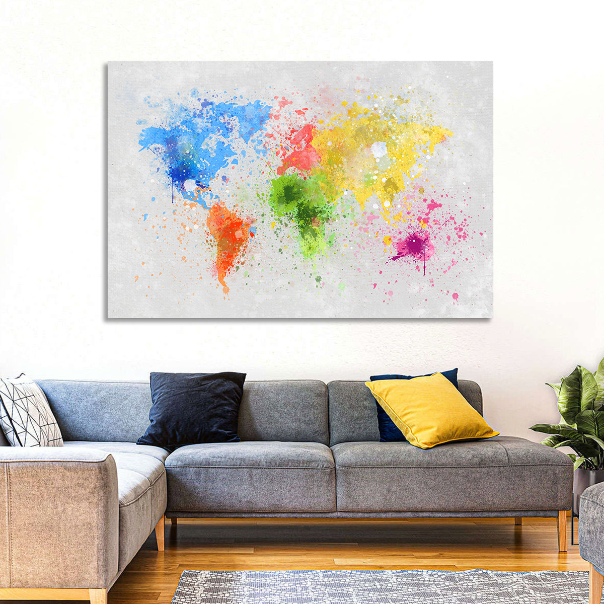Vibrant Watercolor World Map Wall Art in a room, landscape