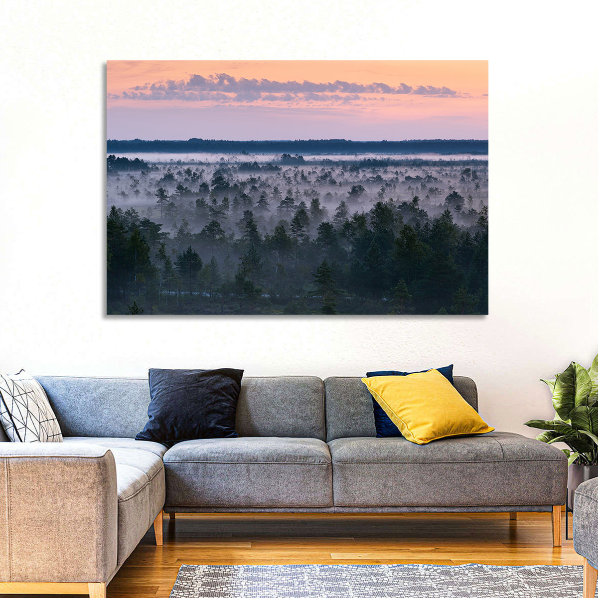 Estonian Misty Pine Landscape Wall Art in a room, landscape