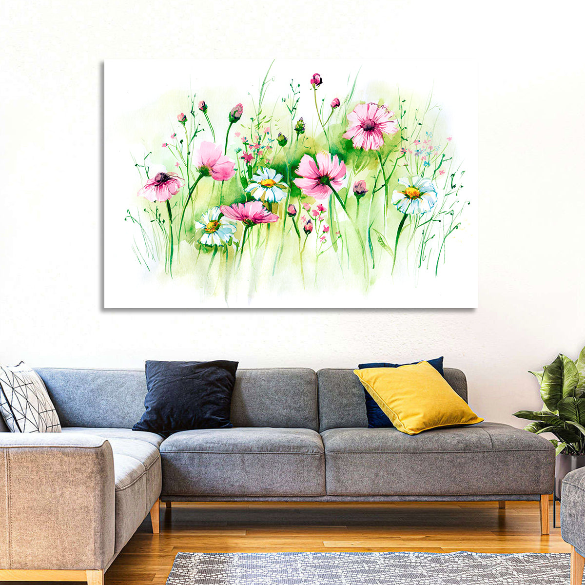 Airy Wildflower Meadow Watercolor Wall Art in a room, landscape