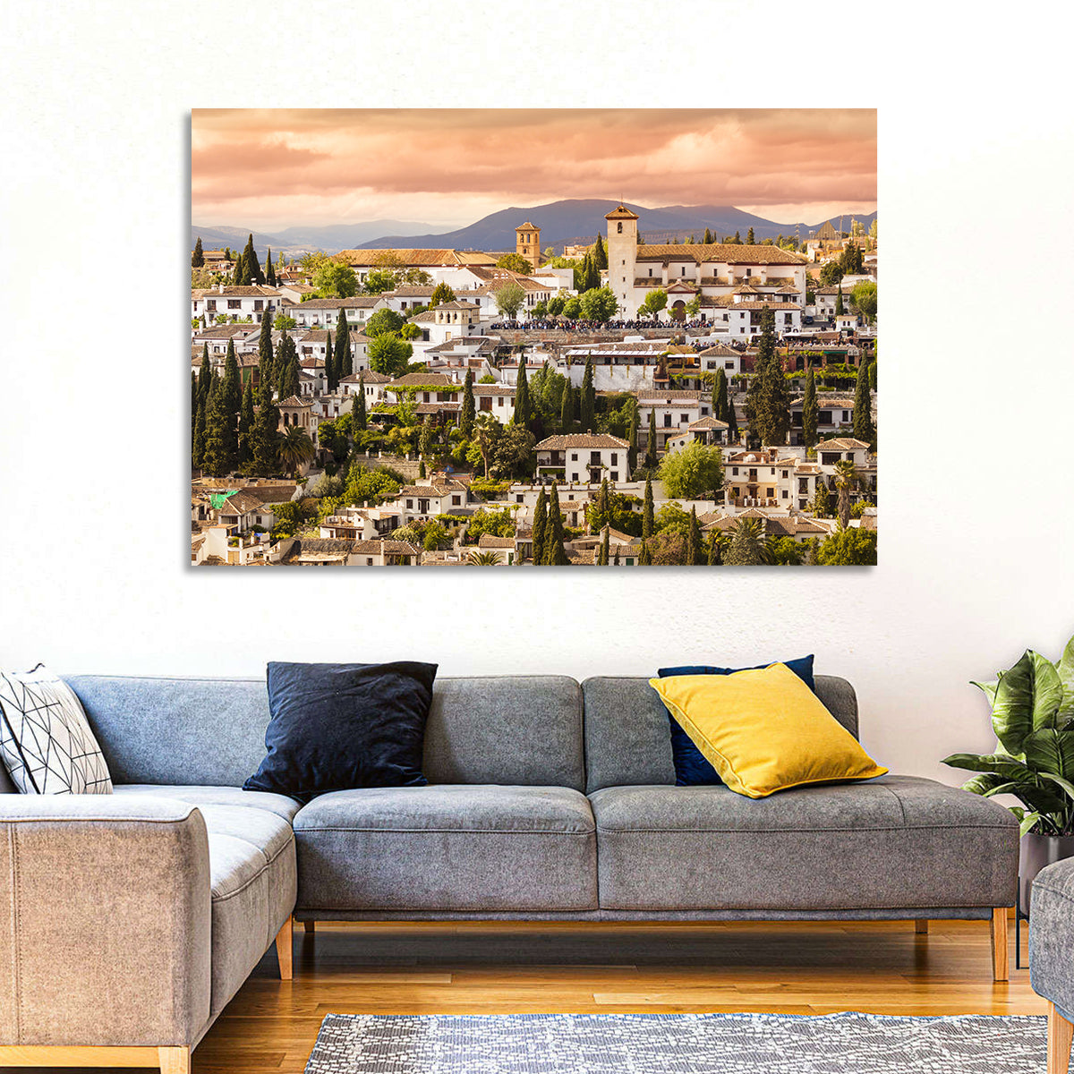 Granada Albaicín Sunset Cityscape Wall Art in a room, landscape