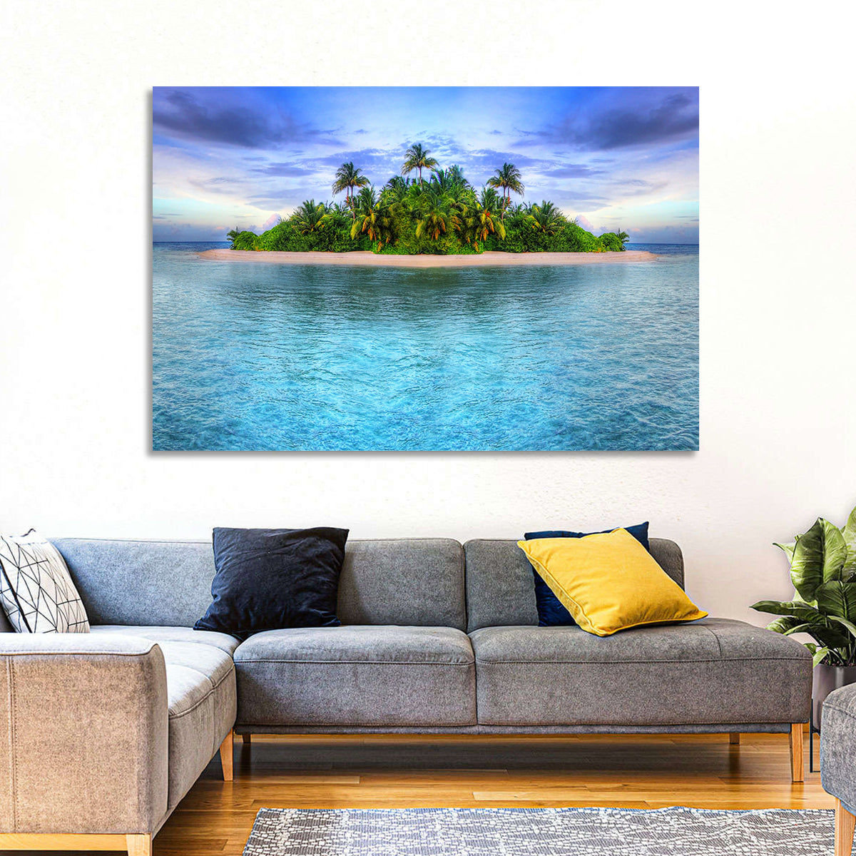 Mirrored Tropical Island Lagoon Wall Art in a room, landscape