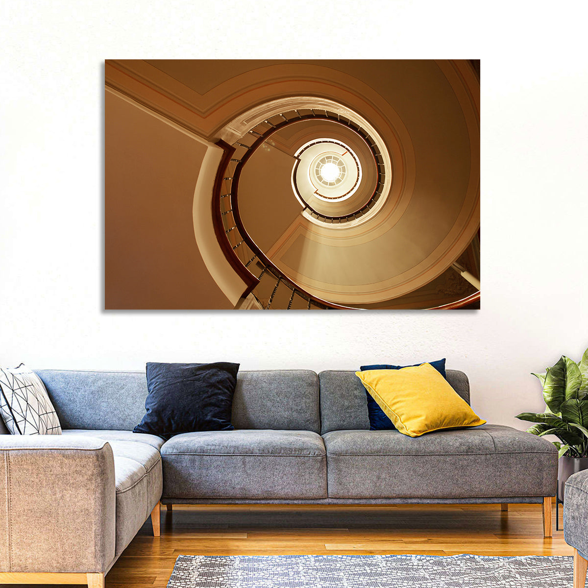 Worms-eye Spiral Staircase Wall Art in a room, landscape