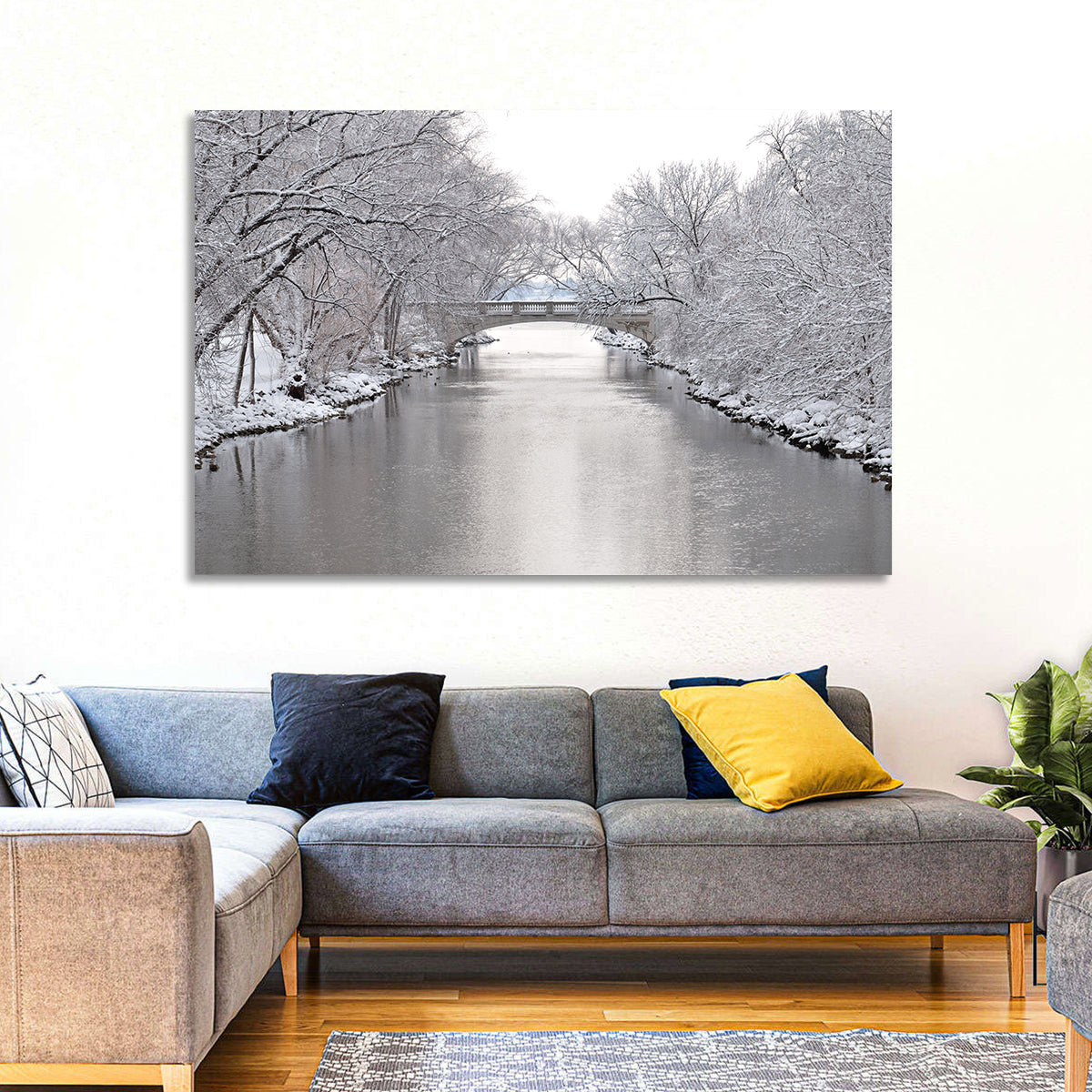 Yahara River Winter Stone Bridge Wall Art in a room, landscape