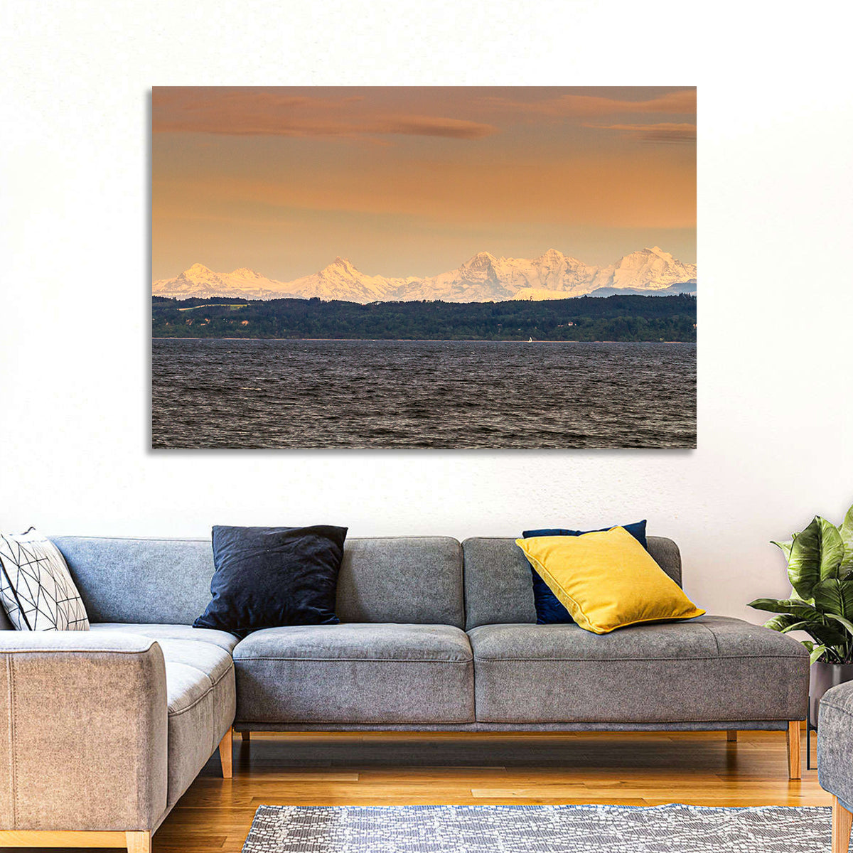Lake Neuchatel Golden Hour Wall Art in a room, landscape
