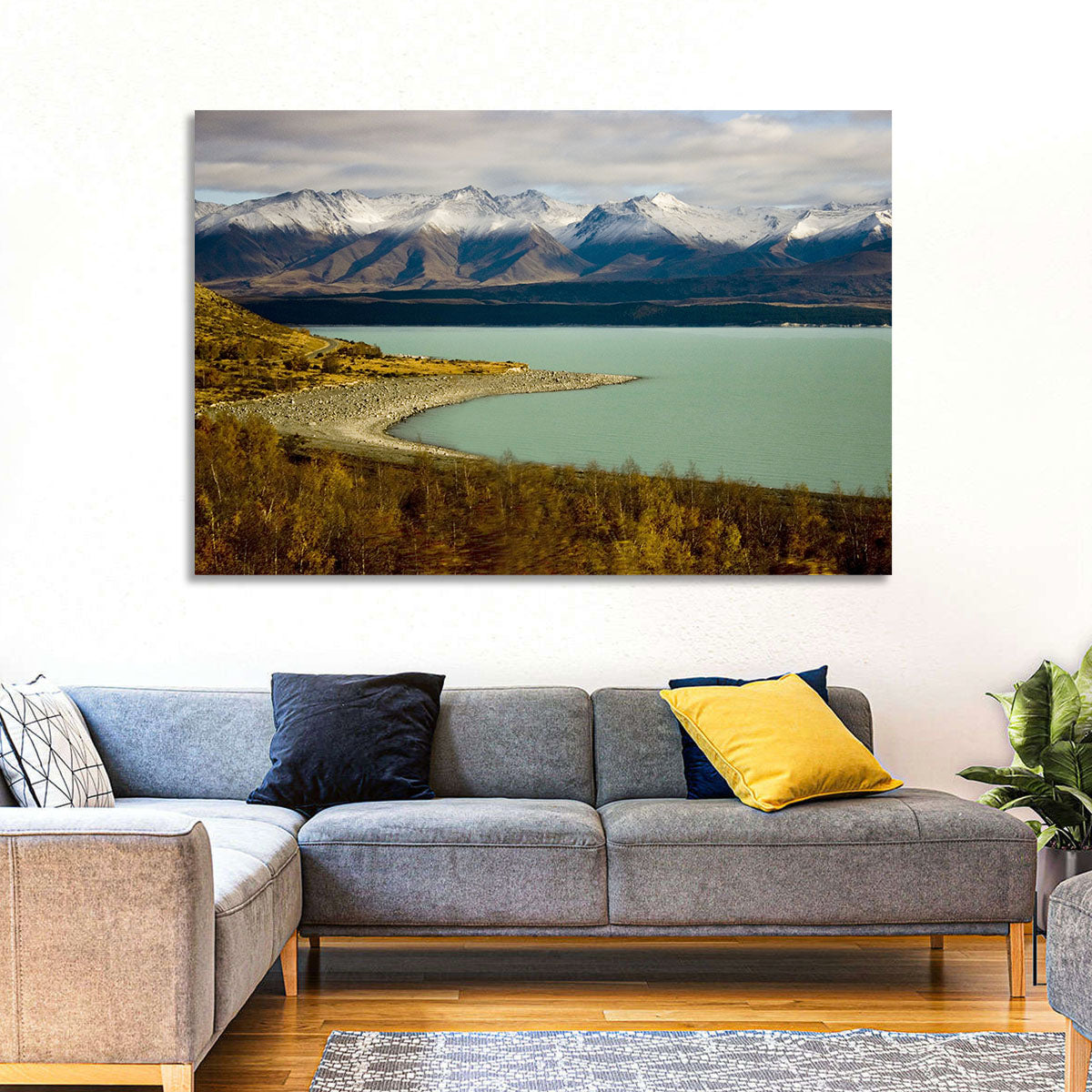 Lake Pukaki Autumn Shoreline Wall Art in a room, landscape
