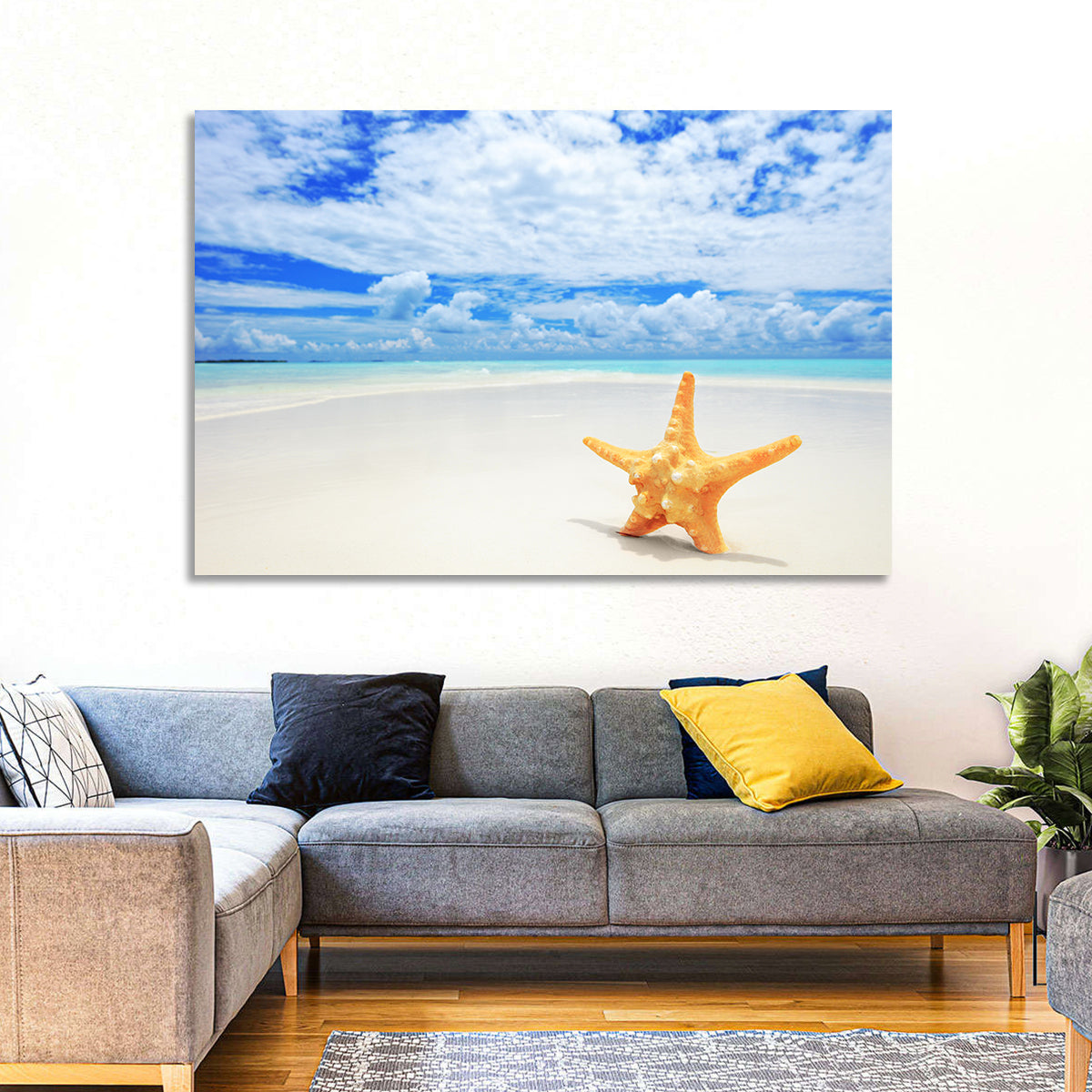 Minimalist Yellow Starfish on Turquoise Shore Wall Art in a room, landscape