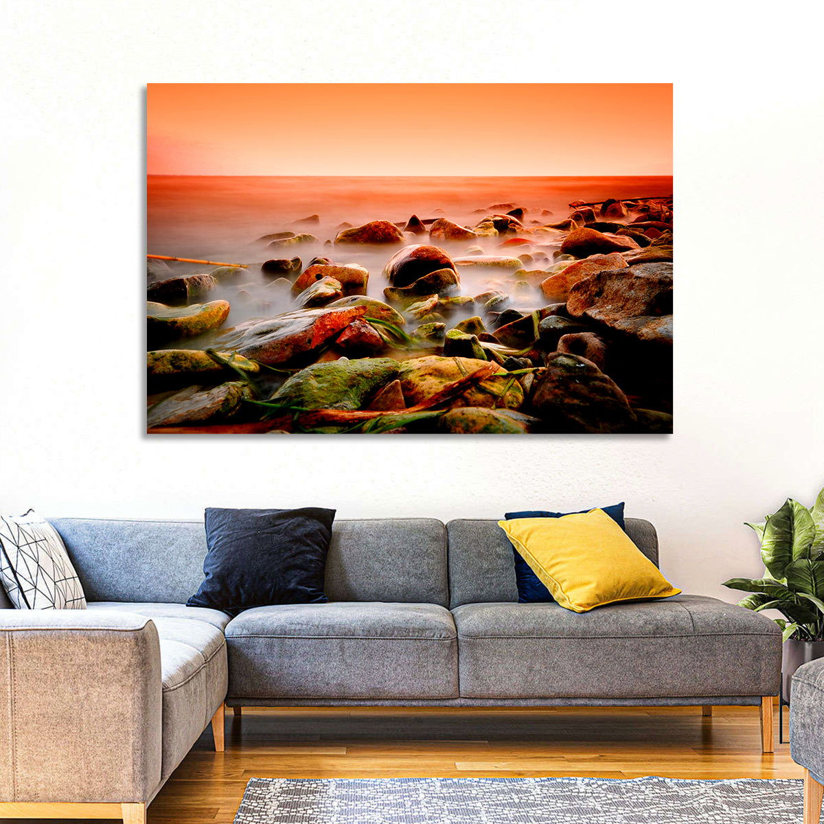Lake Shore Sunset Wall Art in a room, landscape
