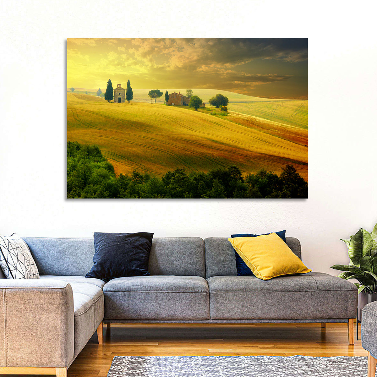 Tuscany Golden Hour Landscape Wall Art in a room, landscape