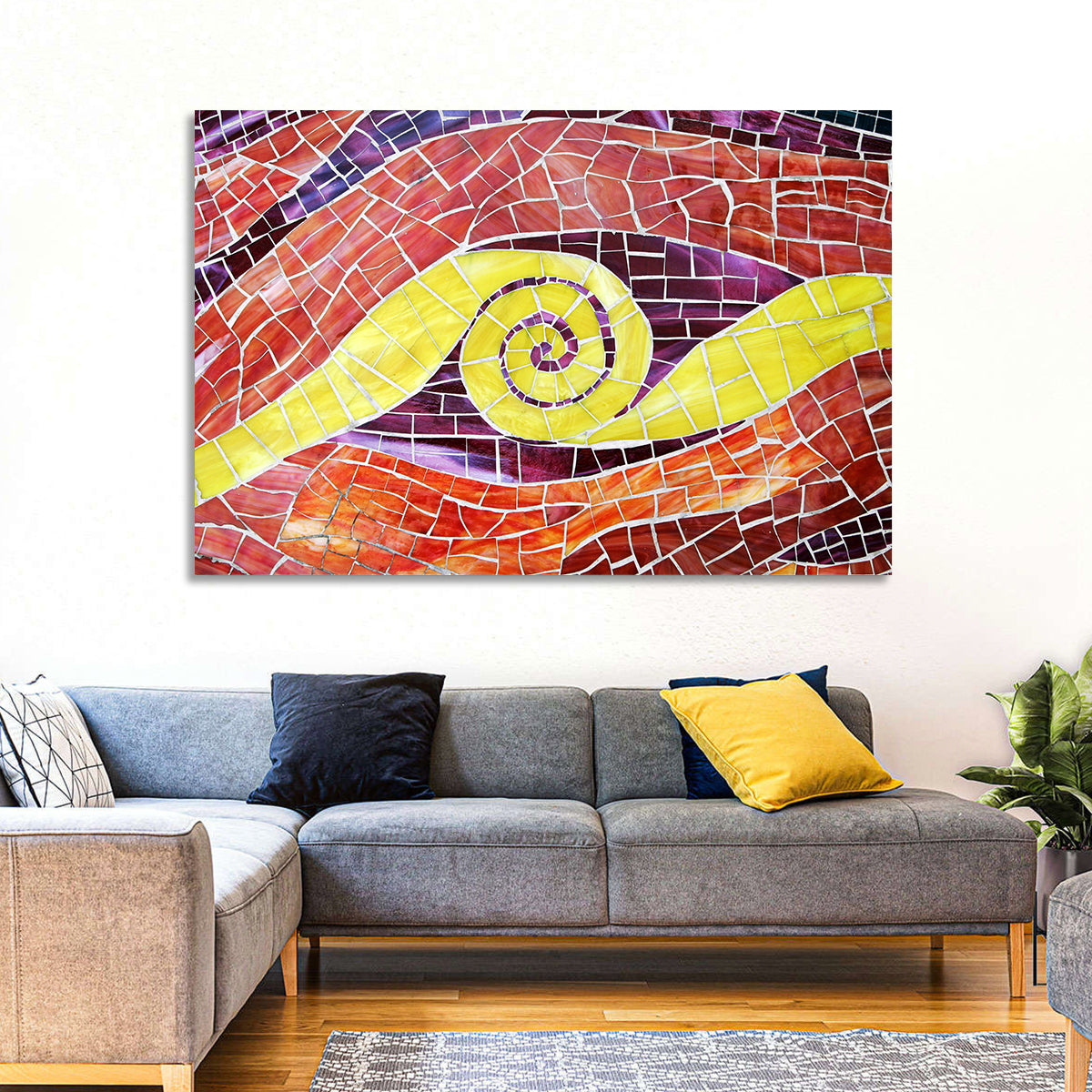 Red and Yellow Spiral Mosaic Wall Art in a room, landscape
