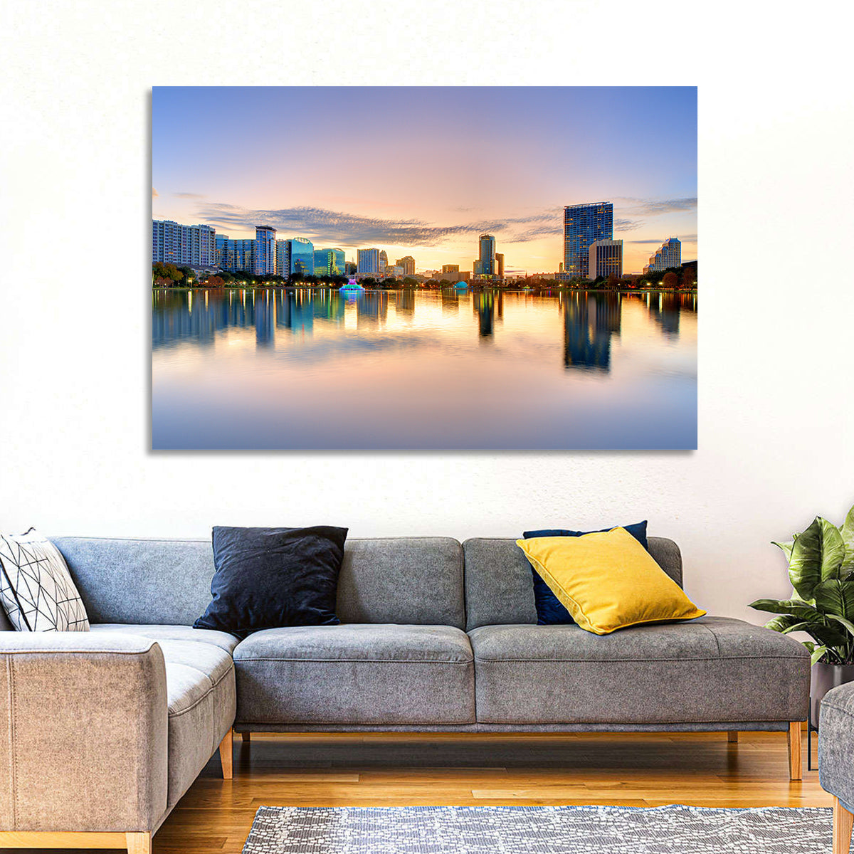 Orlando Skyline at Dusk Wall Art in a room, landscape