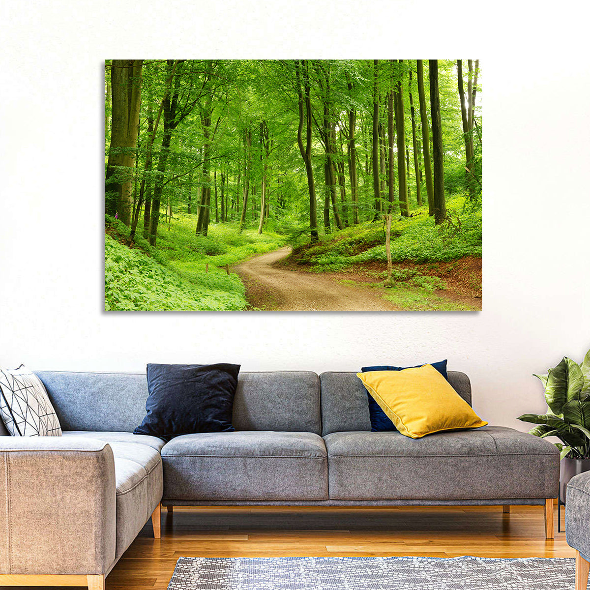 Sunlit Forest Path Wall Art in a room, landscape