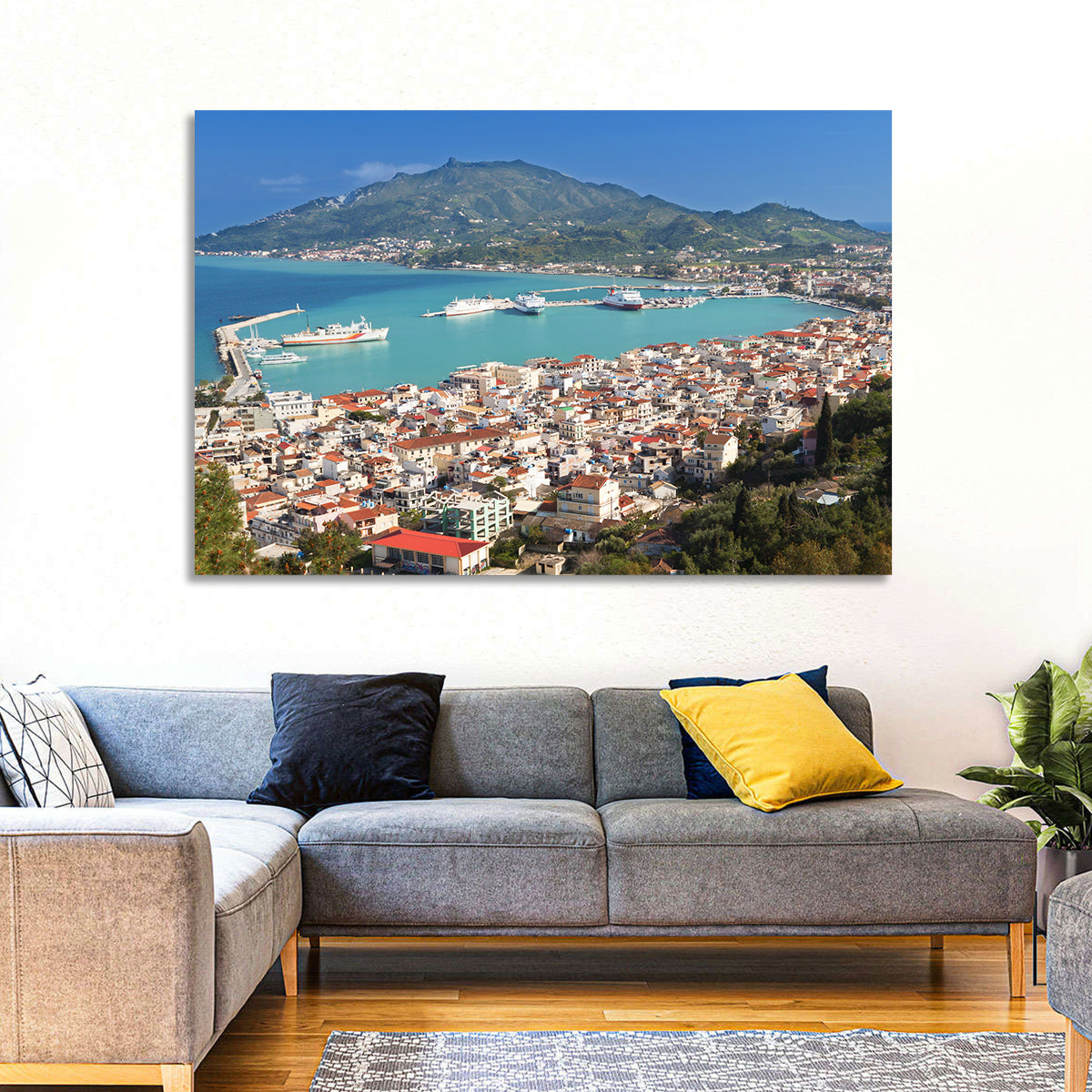 Zakynthos Harbor View Wall Art in a room, landscape