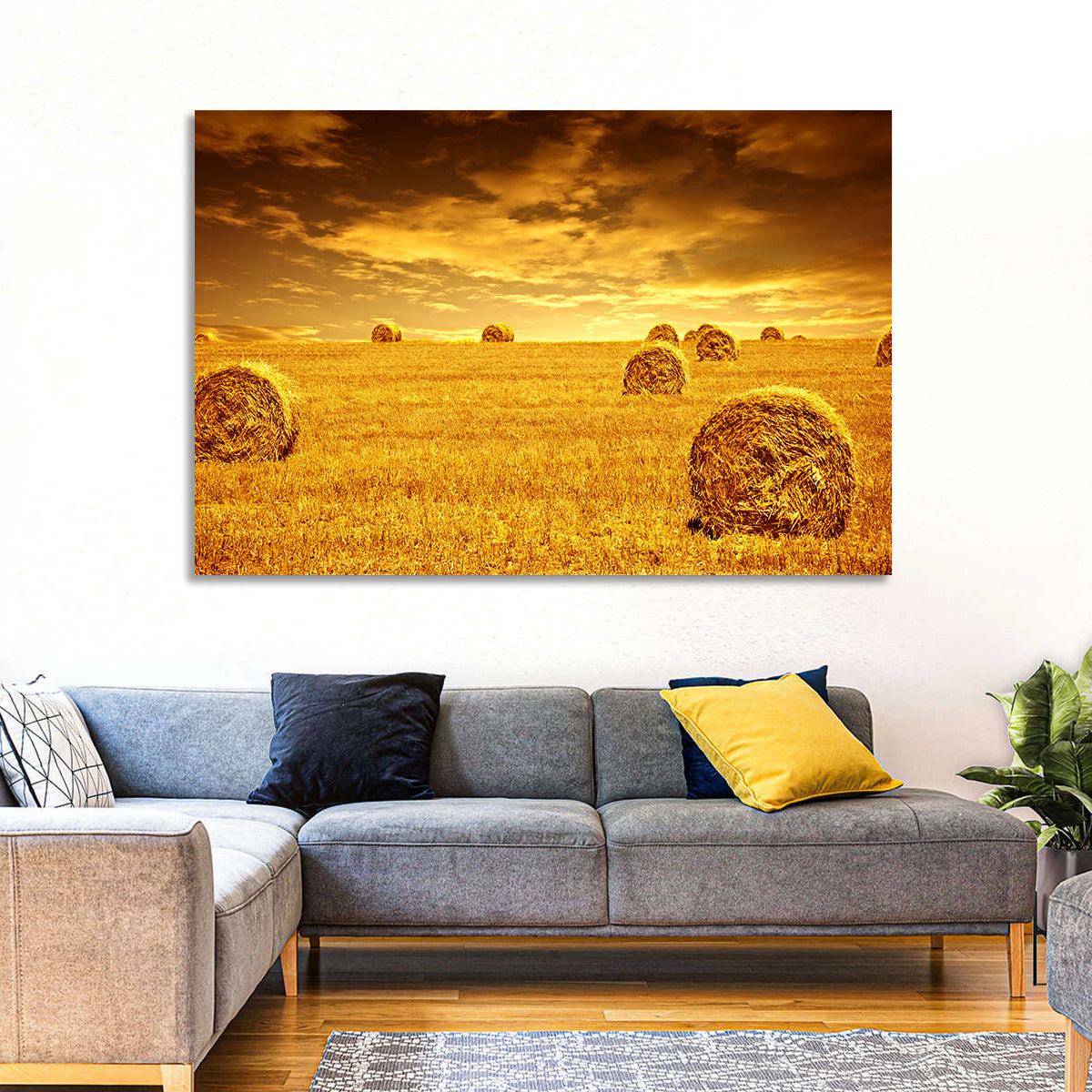 Golden Hour Haystacks Wall Art in a room, landscape