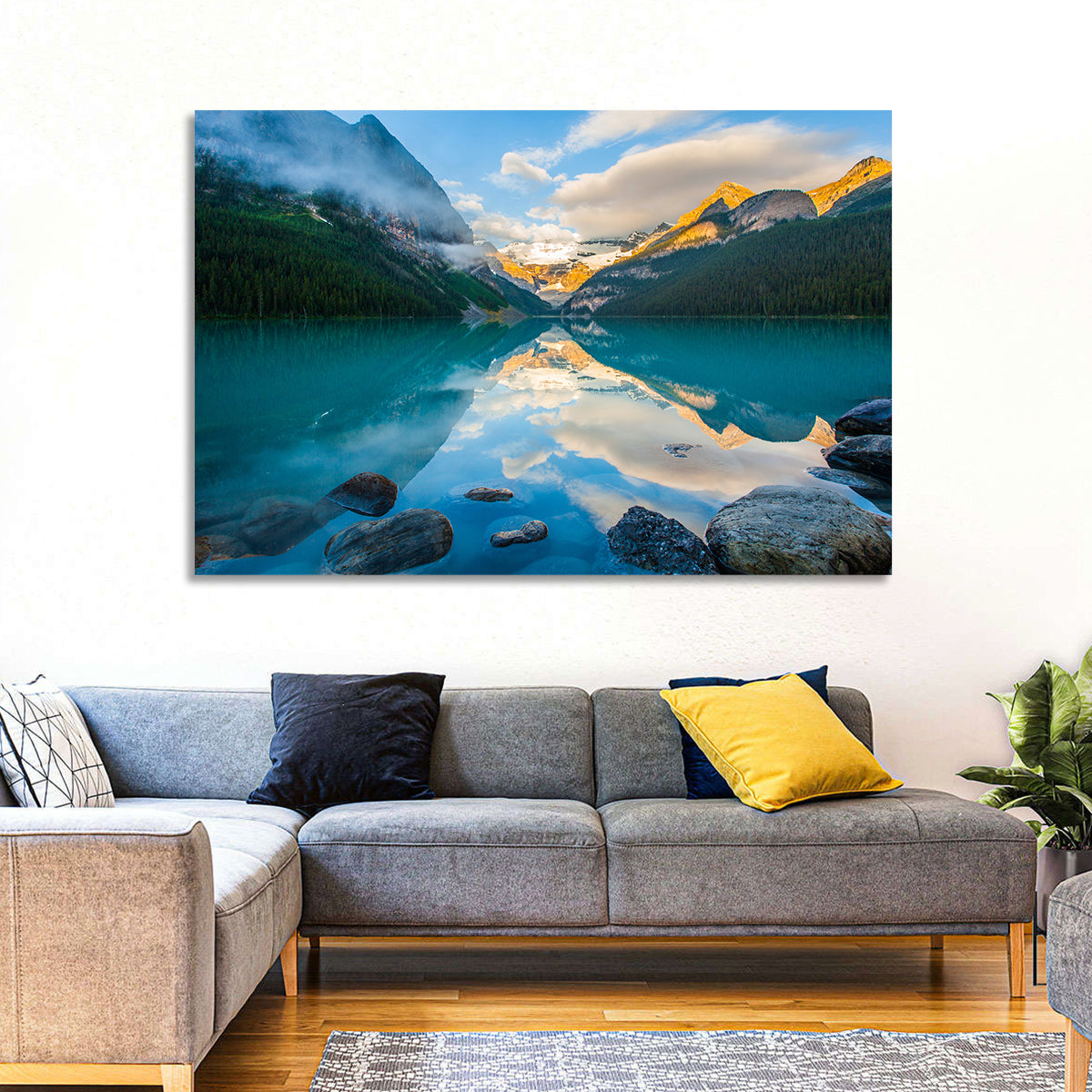 Lake Louise Sunrise Reflection Wall Art in a room, landscape