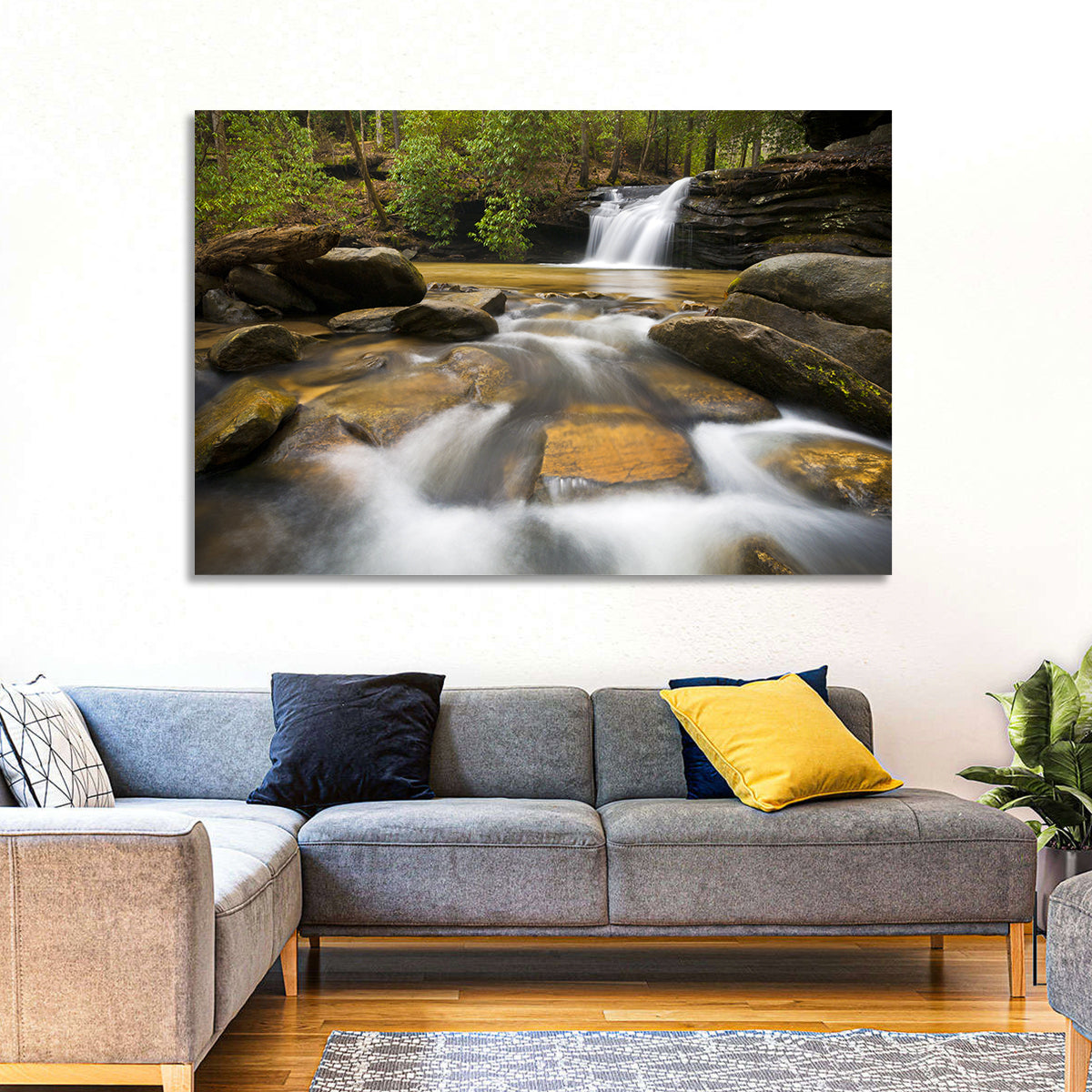 South Carolina Forest Waterfall Wall Art in a room, landscape