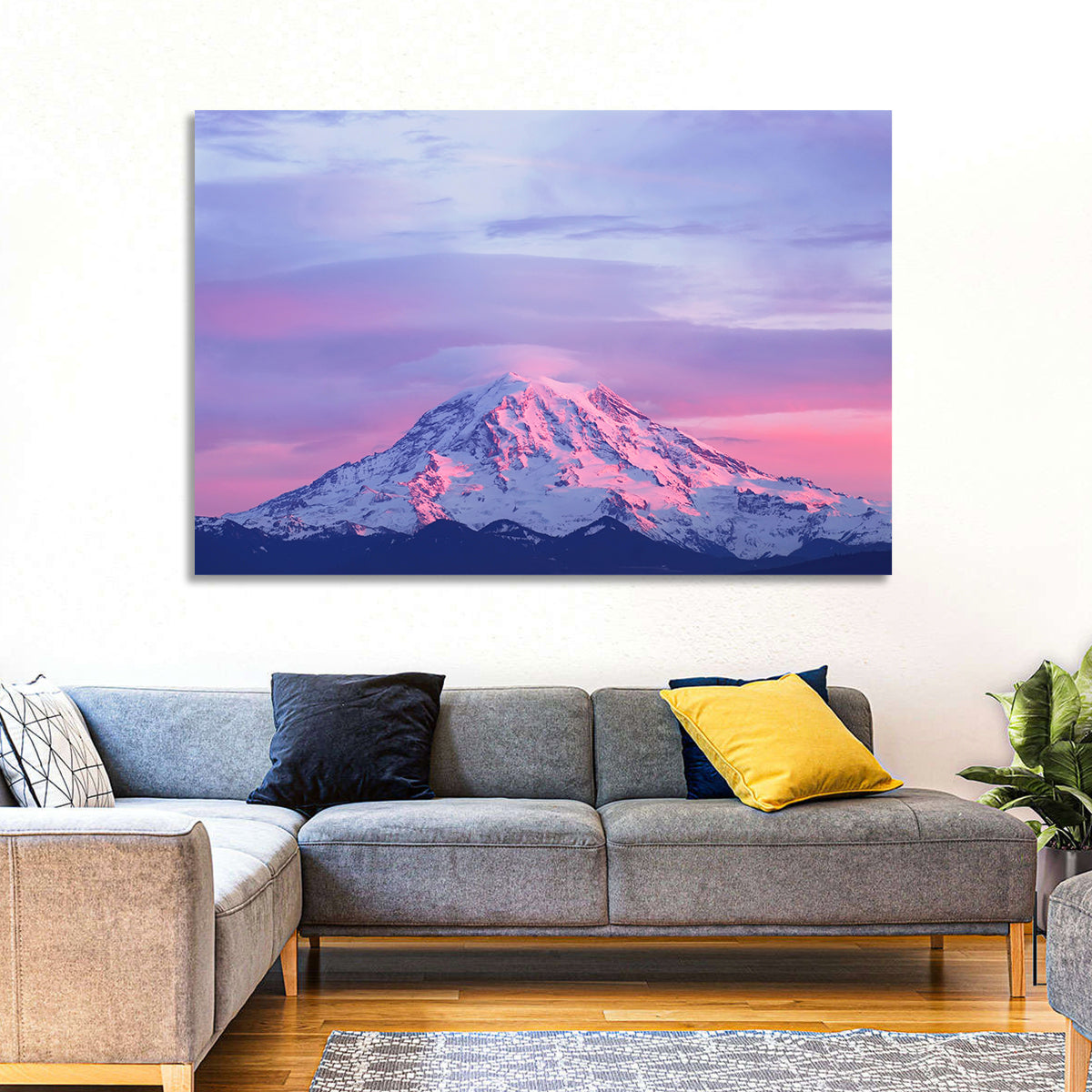 Mount Rainier Alpenglow with Lenticular Cloud Wall Art in a room, landscape