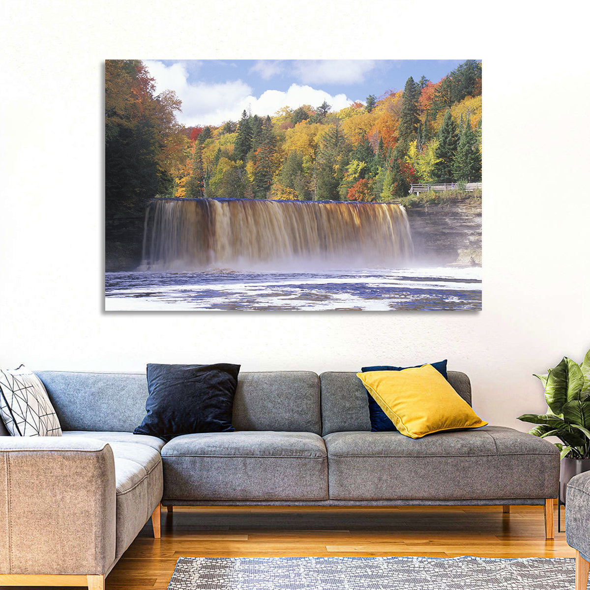 Tahquamenon Falls Autumn Waterfall Wall Art in a room, landscape