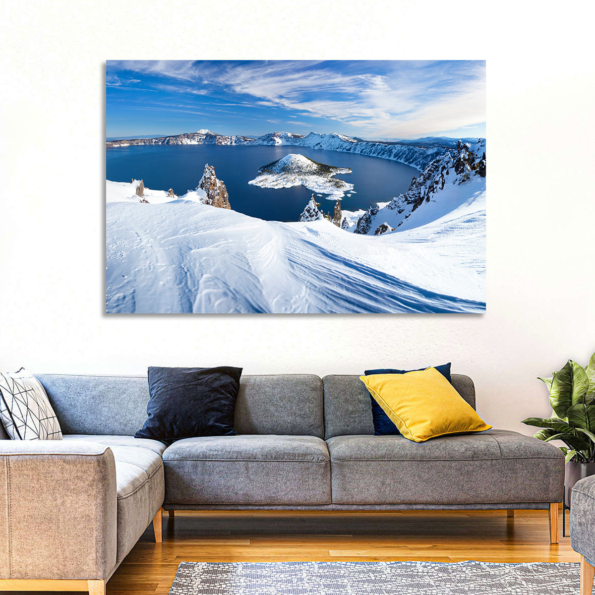 Crater Lake with Wizard Island Wall Art in a room, landscape