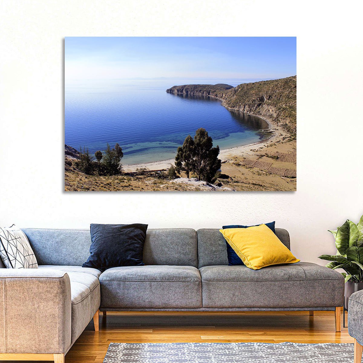 Titicaca Cliffs and Turquoise Water Wall Art in a room, landscape