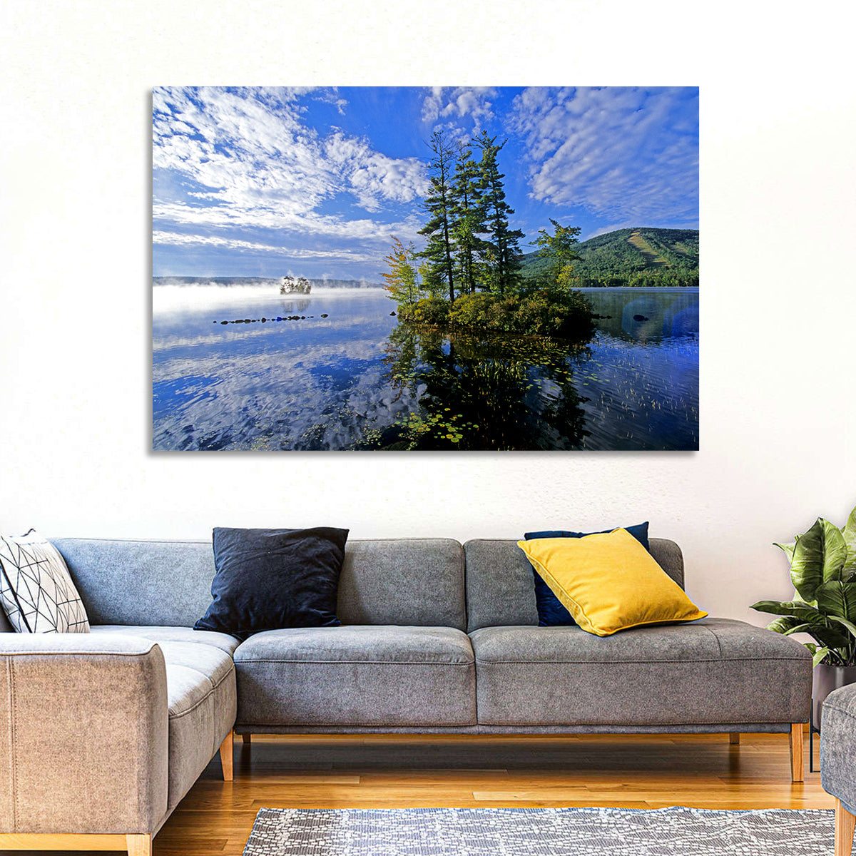 Misty Maine Lake Wall Art in a room, landscape