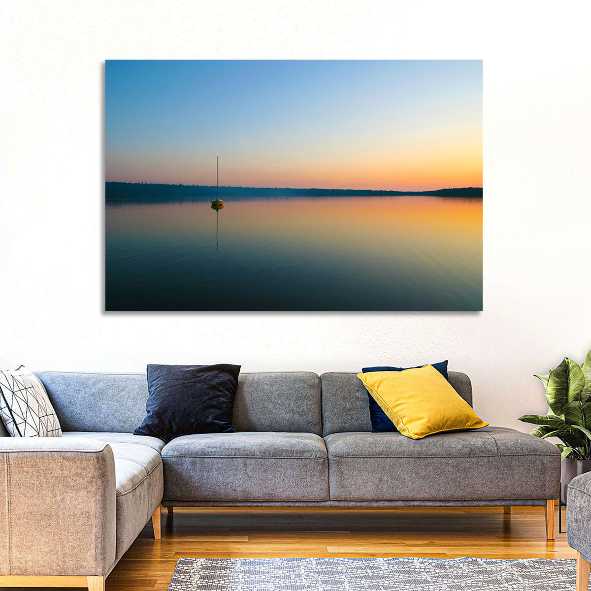 Cyprus Lake Sunset Boat Wall Art in a room, landscape