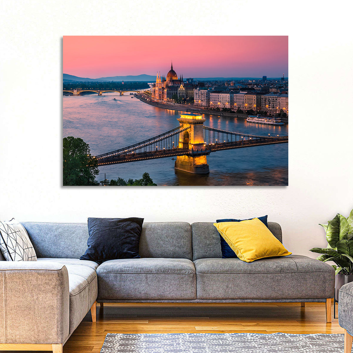 Budapest Chain Bridge at Twilight Wall Art in a room, landscape