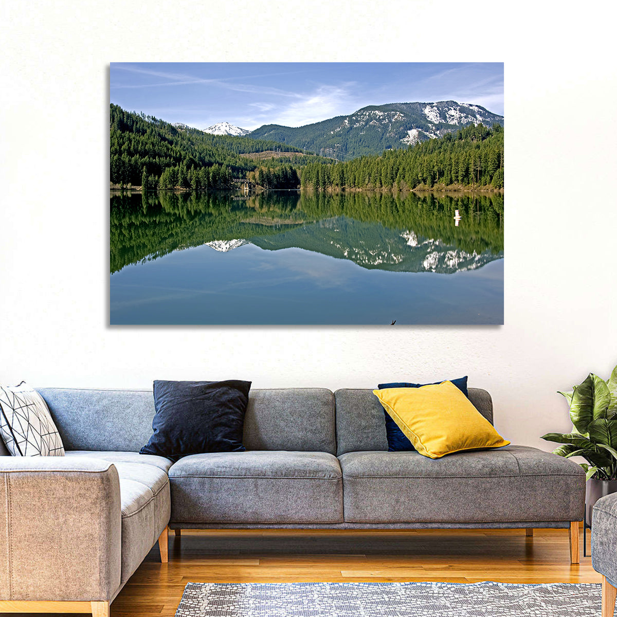 Lake Crescent Reflection Wall Art in a room, landscape